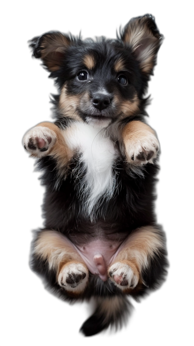 Cute puppy, floating in the air with its hind legs up and holding them by his paws, black background, photography style, high definition