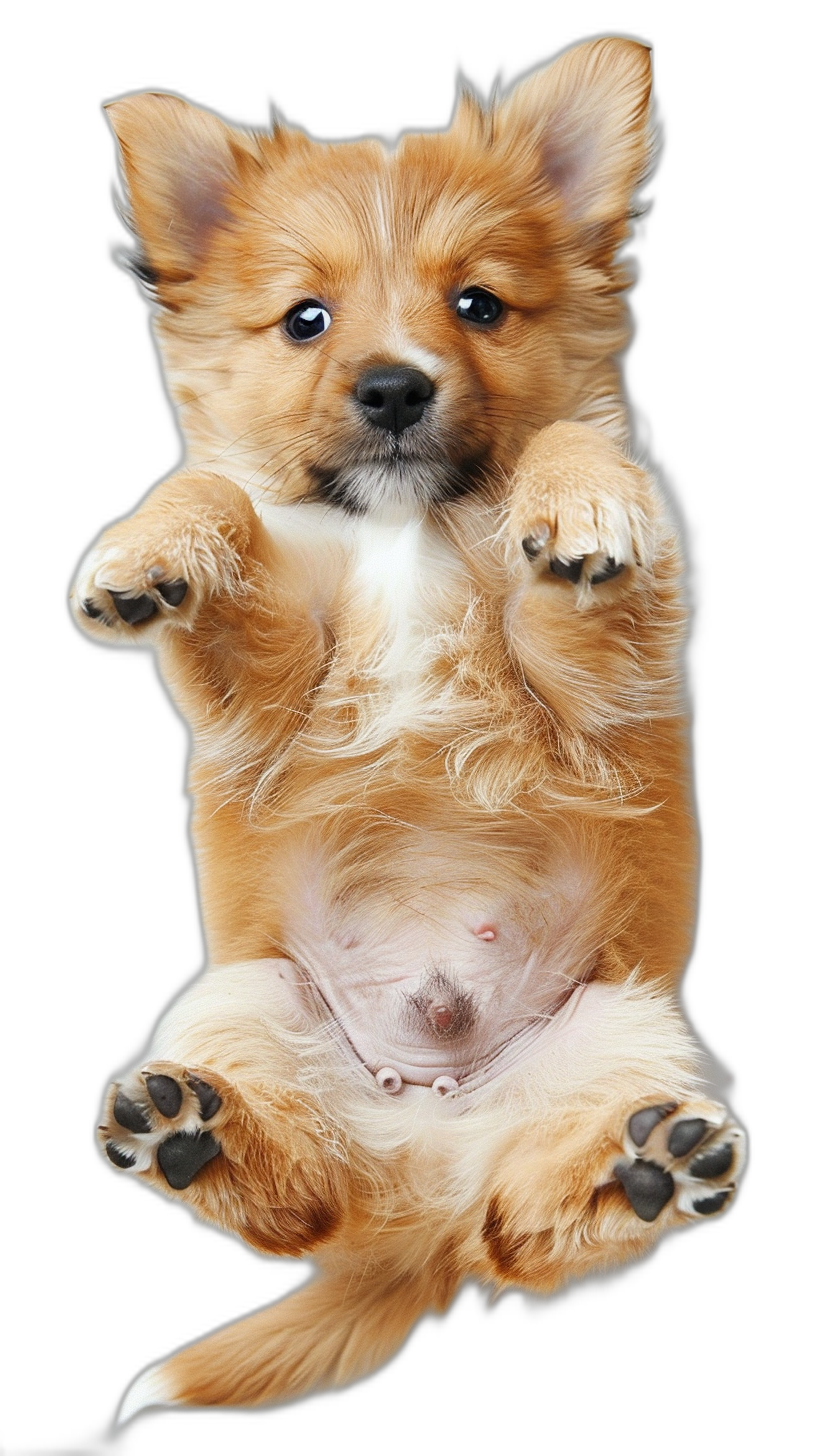 puppy jumping upside down, funny, cute, photo realistic, black background, in the style of photo realistic.