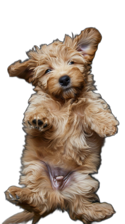 Cute puppy playing, floating in the air, black background, photography style, full body shot, high definition