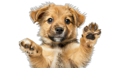 A cute puppy is waving its paws, isolated on black background with clipping path. Full body portrait of happy dog looking at camera and showing his front paw to the viewer for high five or welcoming. , closeup shooting, 4k, ultra realism, high detail, Agfa Vista Plus 200, stock photography,