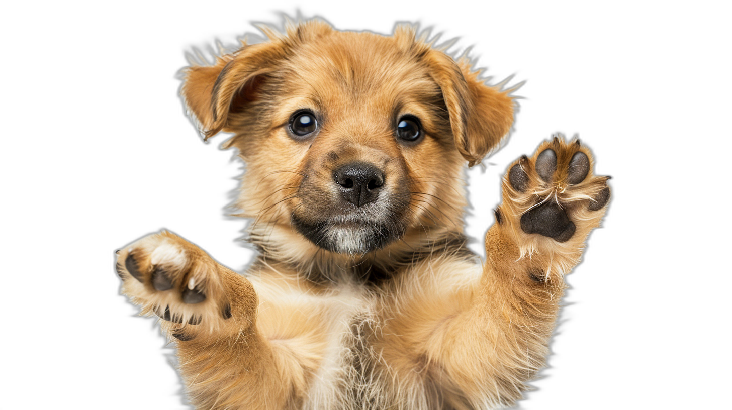 A cute puppy is waving its paws, isolated on black background with clipping path. Full body portrait of happy dog looking at camera and showing his front paw to the viewer for high five or welcoming. , closeup shooting, 4k, ultra realism, high detail, Agfa Vista Plus 200, stock photography,