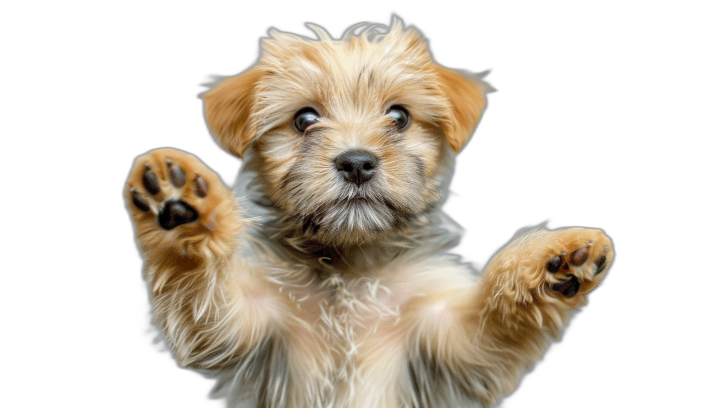 A cute and happy dog puppy is standing on its hind legs, waving with both paws in the air against black background, photorealistic portrait photography, detailed, macro lens