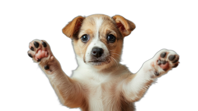 A cute puppy is standing on its hind legs and waving with both paws against a black background in a detailed photographic style.