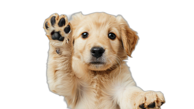 Golden Retriever puppy doing high five isolated on black background, cute adorable dog with raised paw making the same gesture, copy space for text web banner design, high resolution photography