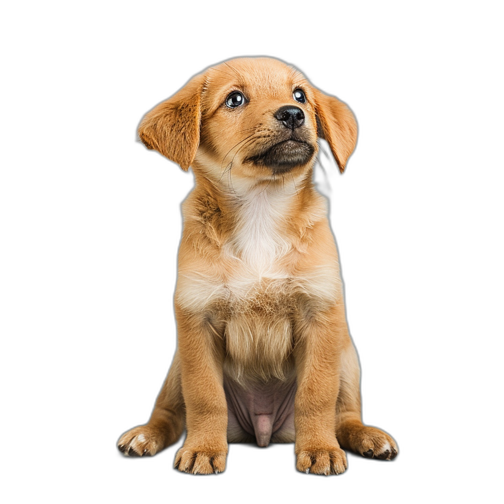 Cute puppy sitting isolated on black background, high resolution photography