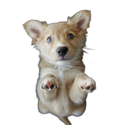 A cute puppy is flying in the air, with its front paws hanging down and blue eyes looking at you on black background, portrait photography, soft light, high definition details, studio shot, clean sharp focus