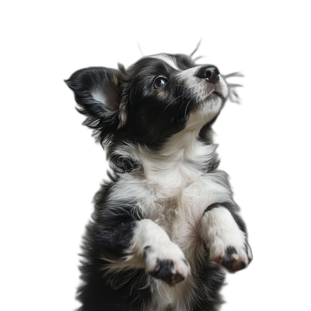 Cute black and white border collie puppy, reaching up to the sky with his front paws together on an isolated dark background, hyper realistic photography