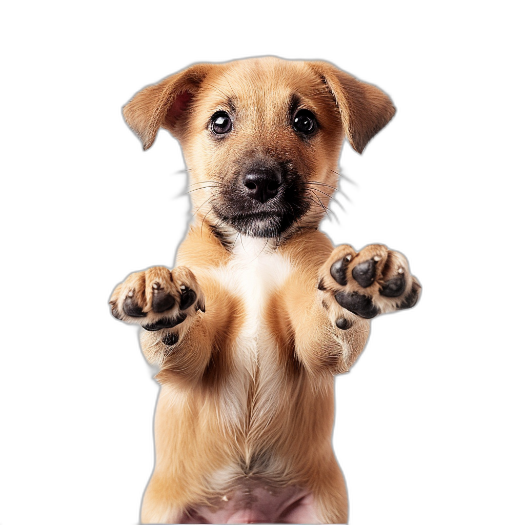 puppy with paws outstretched, looking at the camera on black background, high resolution photography, studio portrait