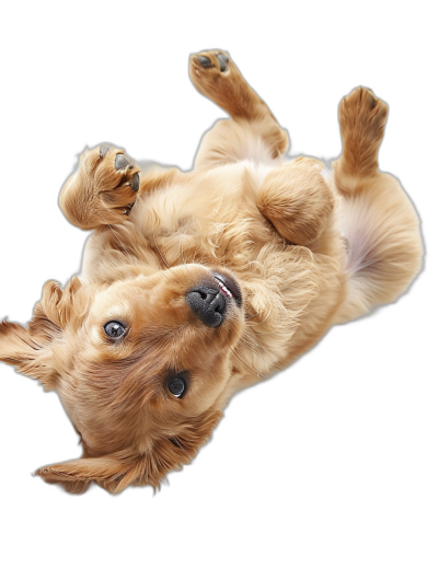 A cute golden retriever puppy is rolling over on its back, with its paws and tail up in the air, with a black background, shot from above in a hyperrealistic style.