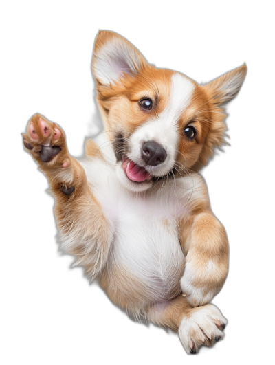 A happy and playful corgi puppy is captured midair, its paws outstretched as if about to give high fives or chest bumps, isolated on a black background, in a realistic photographic style.