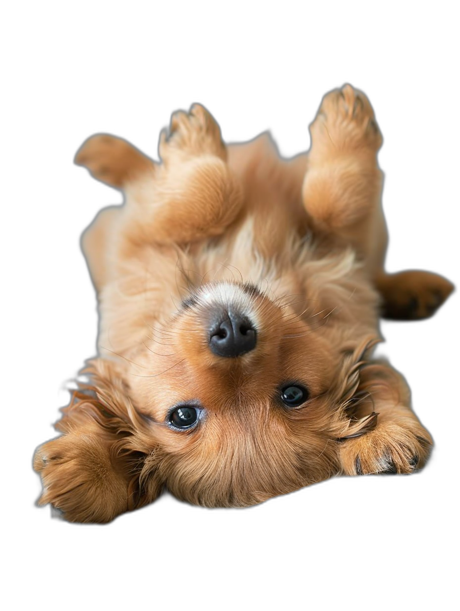 view from above, photo of an adorable golden brown long haired puppy lying on its back with paws in the air and looking up at camera, black background, high resolution digital photography using Canon EOS R5, aperture f/4, shutter speed 300mm, soft studio lighting