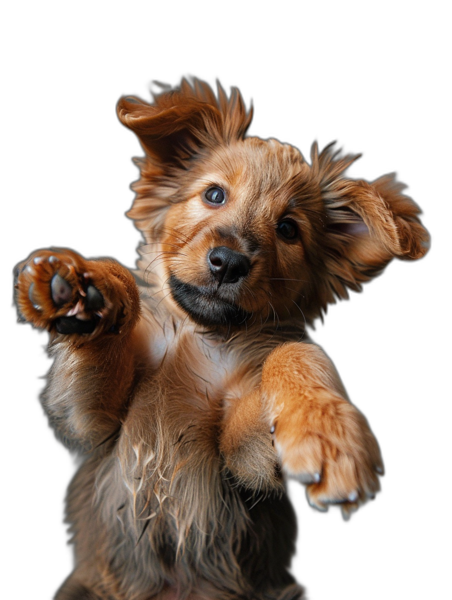 Cute puppy playing with his paws up in the air against a black background. The photo was taken in a professional photography studio with sharp focus on the subject and studio lighting. The puppy looks beautiful, adorable, happy and joyful. The photo is high resolution.