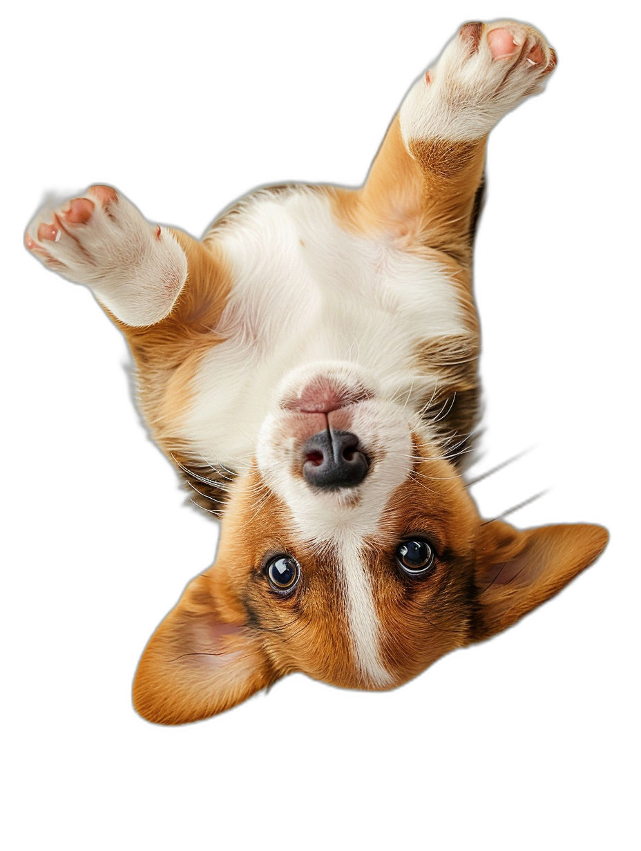 photorealistic photo of corgi puppy upside down, looking up at camera, isolated on black background