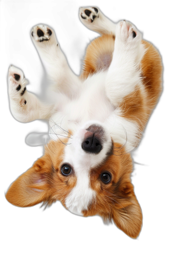 photorealistic photo of corgi dog, upside down with paws outstretched, on black background