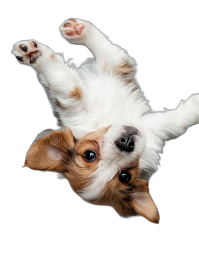 Cute puppy lying upside down on a black background, its paws hanging in the air, the photo taken from above, in a studio with soft lighting, in a cute pose, in the style of professional photography, with sharp focus, at a high resolution.