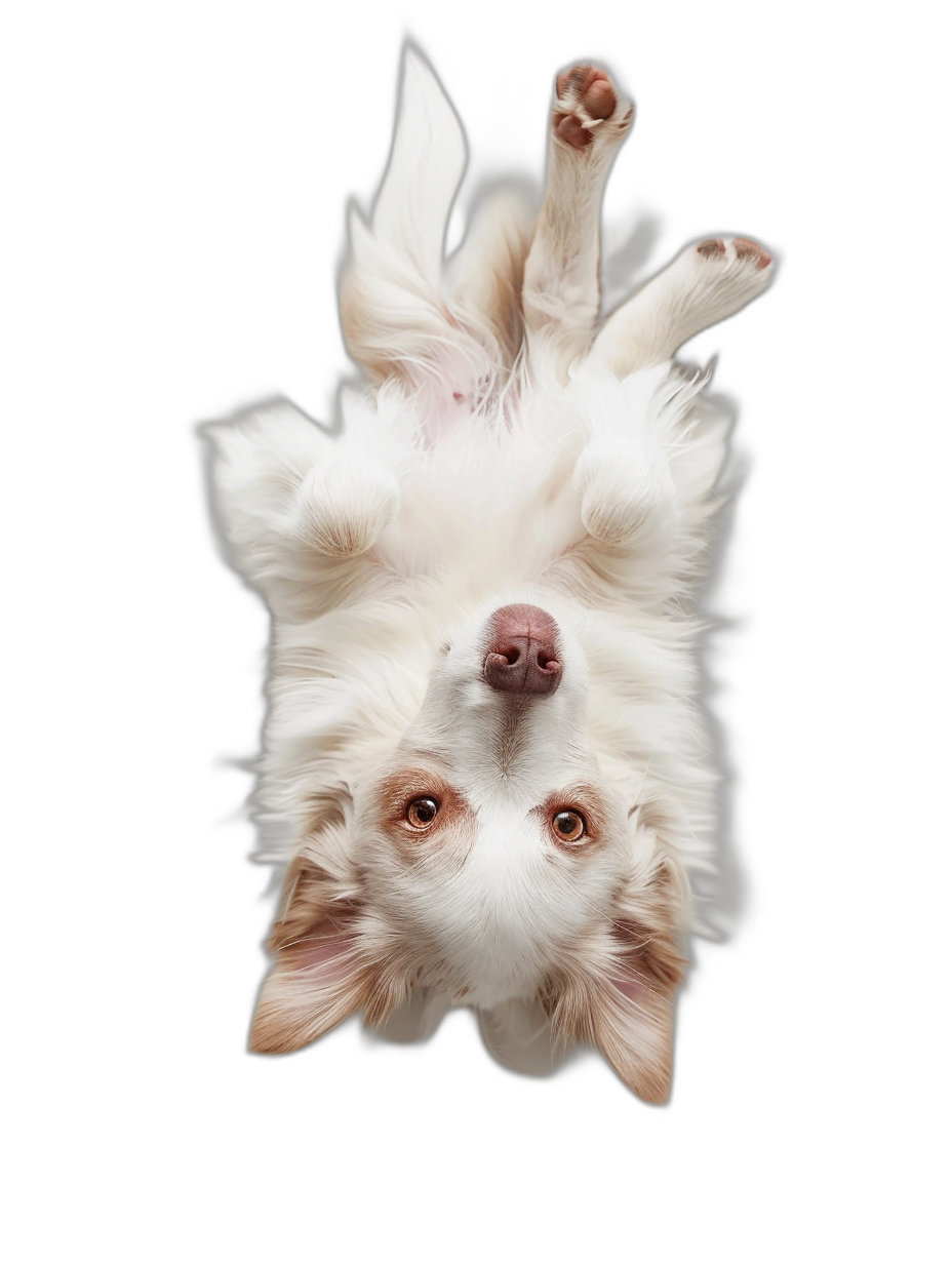 A white border collie is upside down with a cute and funny expression, tilting its head up to the sky. Its front paws hold its ears in an adorable pose against a black background in a top view, symmetrical composition with studio lighting and professional color grading. The photography has clean, sharp focus in a hyperrealistic style.