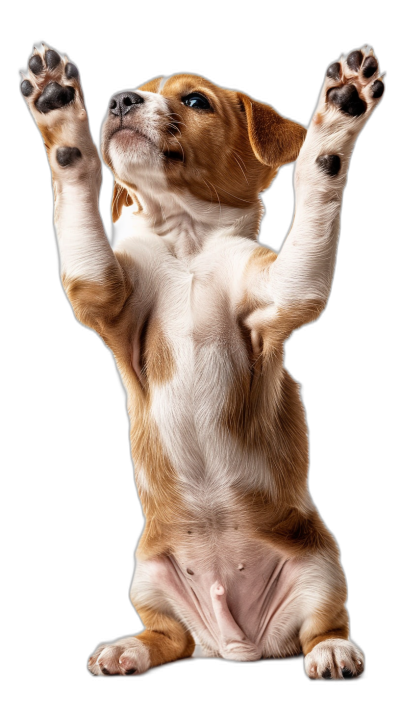 puppy doing yoga, funny pose with paws up in the air, black background, hyper realistic photography