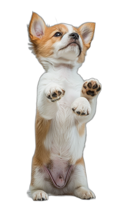 A cute corgi puppy standing on its hind legs, with both front paws raised in the air in a full body shot against an isolated black background in the style of hyper realistic photography.