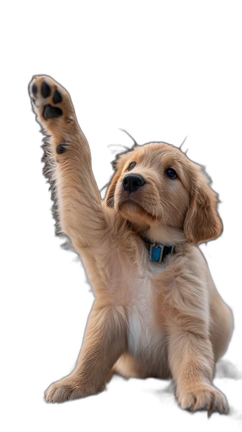 A cute golden retriever puppy reaching up with one paw on a black background. This is a professionally photographed, high definition photo in the style of isolated stock photography.