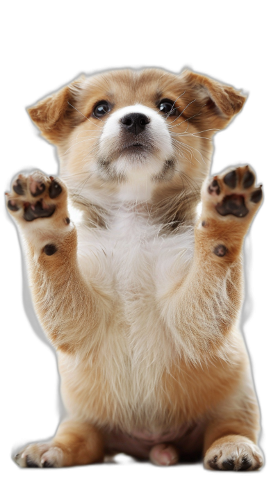 puppy doing yoga, standing on two legs with his paws up in the air, cute and happy expression, black background, photo realistic, hyper detailed,