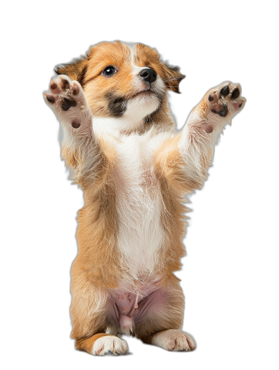 A cute puppy standing on its hind legs, paws raised in the air, against an isolated black background, in the style of high definition photography.