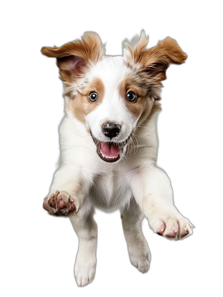 A happy and playful puppy, white with brown ears, captured in a midair jump pose from the front view, on a black background. High resolution photography. The focus is sharp in the center of her face. Soft lighting was used to highlight intricate details.