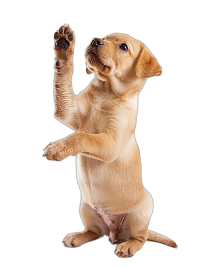 Cute Labrador Retriever puppy standing on hind legs, doing high five gesture isolated black background, detailed photo