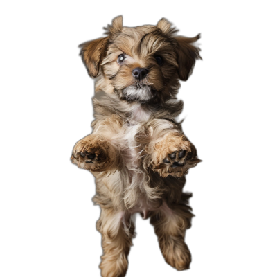 A cute puppy is jumping up, with its front paws in the air and its back feet on a solid black background, in the style of high definition photography.