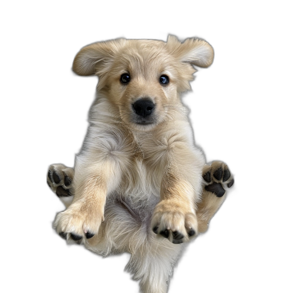 A cute golden retriever puppy is floating in the air, with four paws and its front feet facing up to the camera, on a black background, in the style of high definition photography, real photos, high resolution, high details, full body shot, closeup.