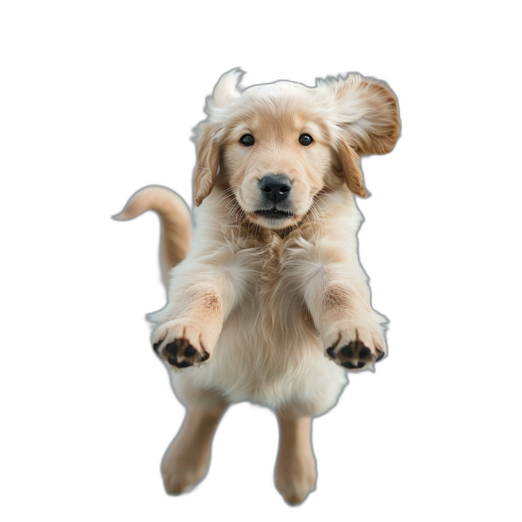 Golden Retriever puppy, flying up in the air with its back on black background, full body shot, symmetrical pose, looking at camera, happy and cheerful expression, high resolution photography