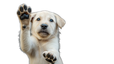 Cute puppy waving with paw on black background, copy space concept. Cute labrador dog sitting and raising paws up to say hello or give high five. F characterized by its expressive eyes and endearing expression. The cute white Labrador is holding his two front legs together while standing in the air. Isolated black background.