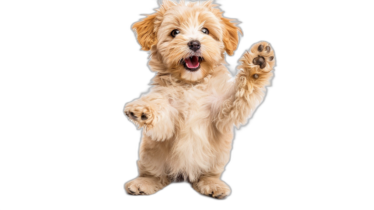 A happy and excited light brown Havanese puppy standing on its hind legs, waving with one paw in the air as if high-fiving or giving an illustration of something exciting against a black background for photography. The high definition photo shows the puppy in the style of greeting or celebrating.