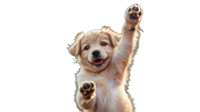 Cute golden retriever puppy waving with its paw on a black background, in a high resolution photography with high quality details in a high definition photo.