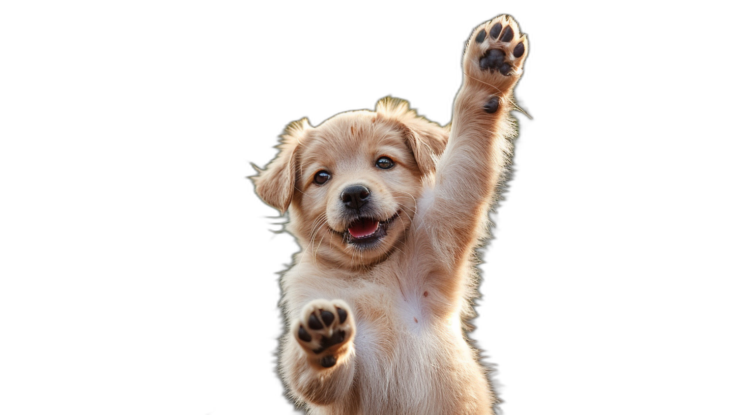 Cute golden retriever puppy waving with its paw on a black background, in a high resolution photography with high quality details in a high definition photo.