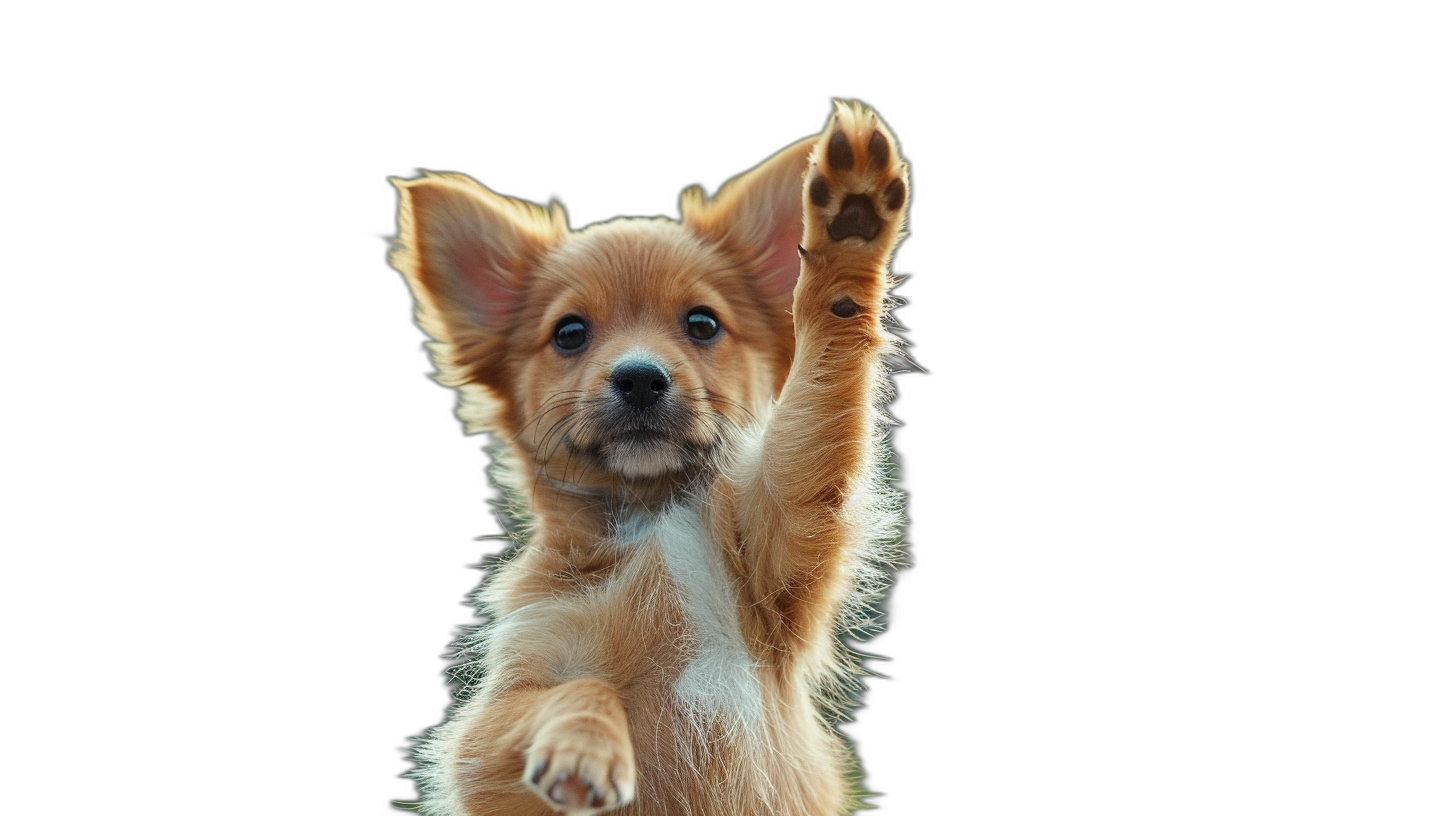 A cute puppy is standing on its hind legs and waving with one paw against a black background. The photo, taken in the style of Canon, is incredibly detailed with sharpened details centered on the screen.