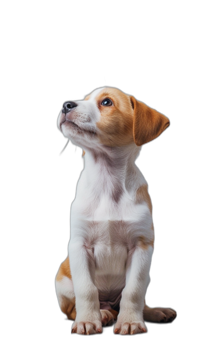 A cute puppy is sitting and looking up on a black background in a portrait photo. The puppy's pose resembles the style of an isolated subject portrayed in the style of Chinese artist unknown.