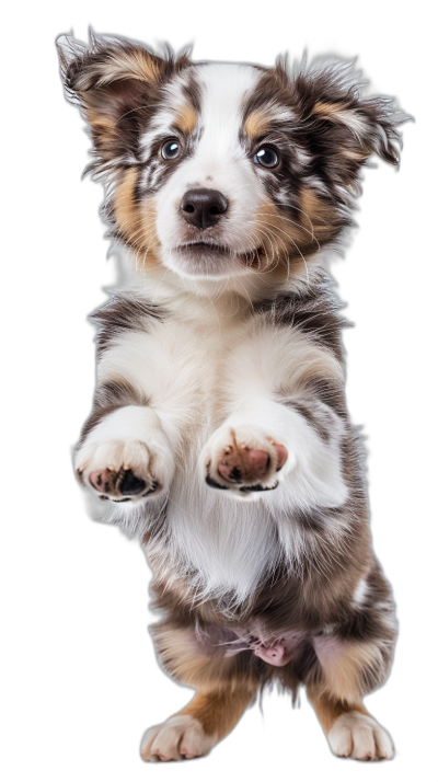 A cute Australian Shepherd puppy standing on its hind legs, with its front paws in the air, against an isolated black background, in the style of hyper realistic photography.