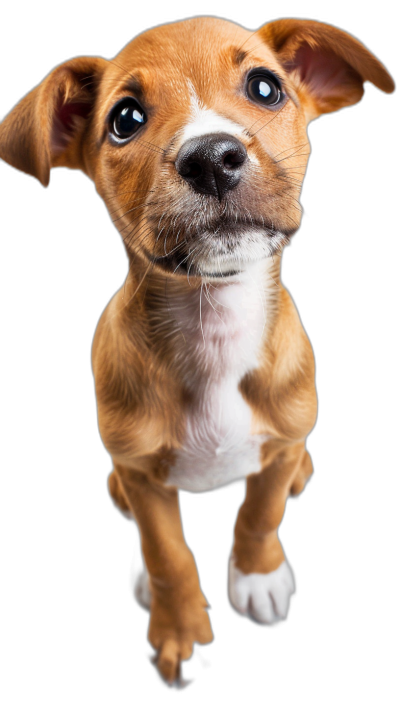 photorealistic portrait of a cute puppy looking up at the camera in a full body shot against a black background captured with a fisheye lens.