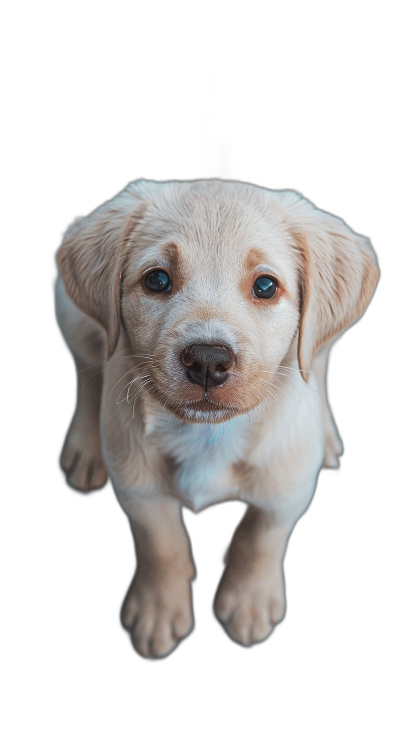 A cream colored labrador puppy with blue eyes, looking up at the camera on a black background, in a symmetrical and centered portrait, with studio lighting and professional color grading with no contrast and clean sharp focus, in the style of a professional photo.