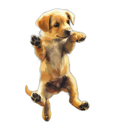 tshirt design, cute golden retriever puppy standing on hind legs with its front paws outstretched and holding something in the air, black background, detailed