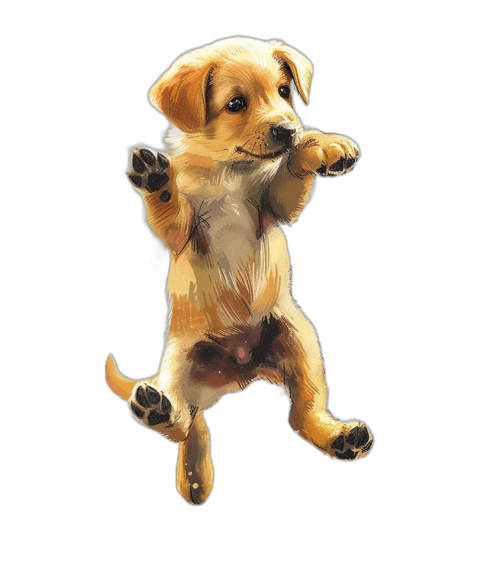 tshirt design, cute golden retriever puppy standing on hind legs with its front paws outstretched and holding something in the air, black background, detailed