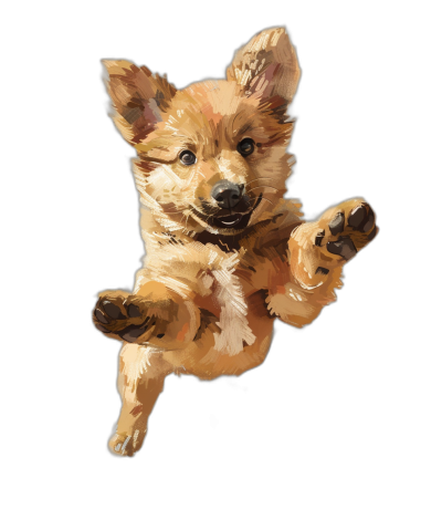 A cute puppy is jumping up. The front view is depicted in a simple brushstroke, flat illustration style against a black background. The vector art is high resolution, high quality and highly detailed with sharp lines. The puppy is depicted in the style of super realistic photography with super detailed and hyperrealistic details.