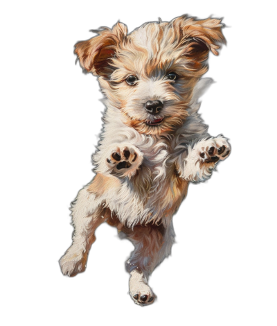 Cute puppy jumping, isolated on black background, detailed painting