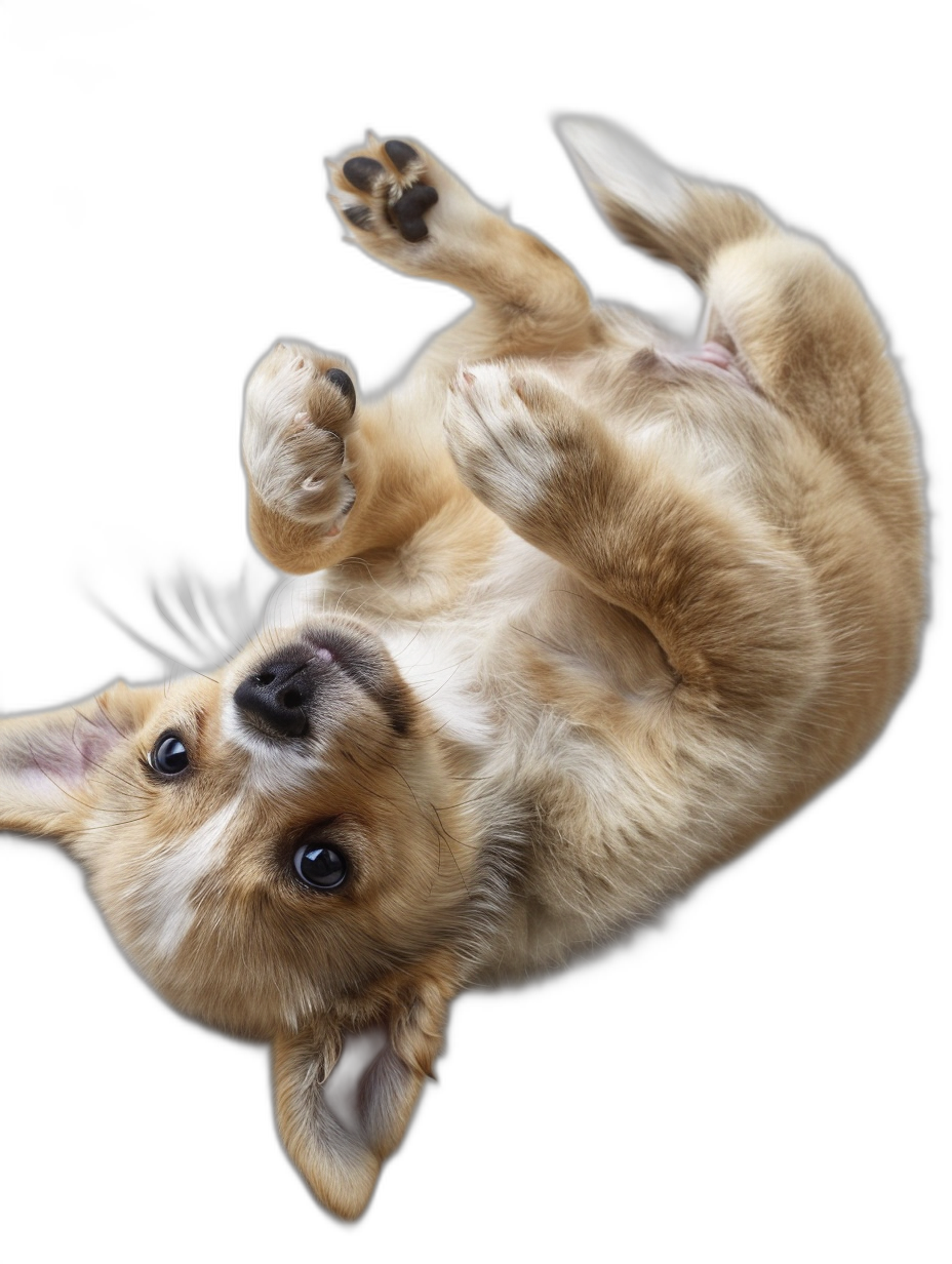 photorealistic, corgi puppy playing upside down on black background