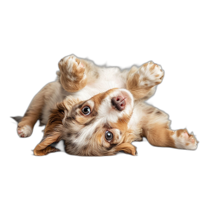 Cute happy Australian Shepherd puppy lying on its back, playing with its paws up in the air on an isolated black background, in the style of professional photography.