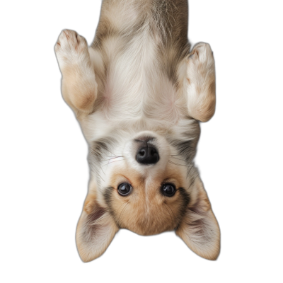 Corgi puppy hanging upside down, viewed from above, isolated on a black background, in a high definition photographic style.