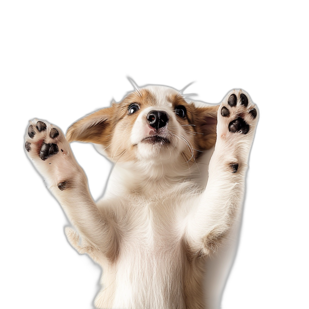 puppy doing high five with his paws, funny expression, black background, hyper realistic photography