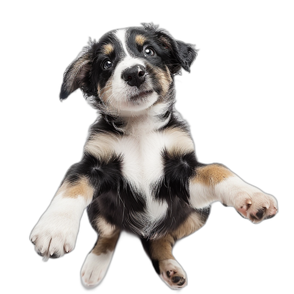 A photo of an adorable Australian Shepherd puppy, jumping up in the air with its front paws outstretched and looking at you on a black background, studio photography, dynamic pose, hyper realistic, full body shot in the style of studio photography.