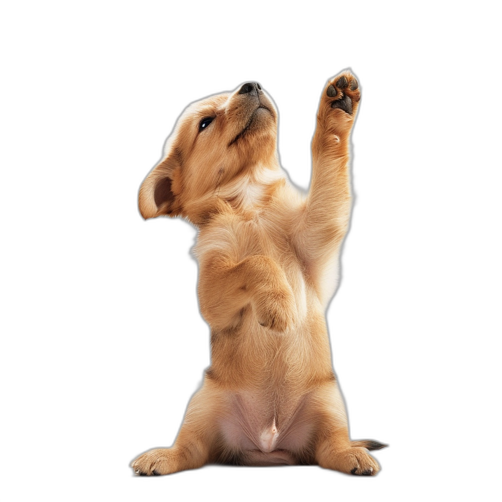 puppy doing yoga, in the style of high five pose, isolated on black background, high resolution photography