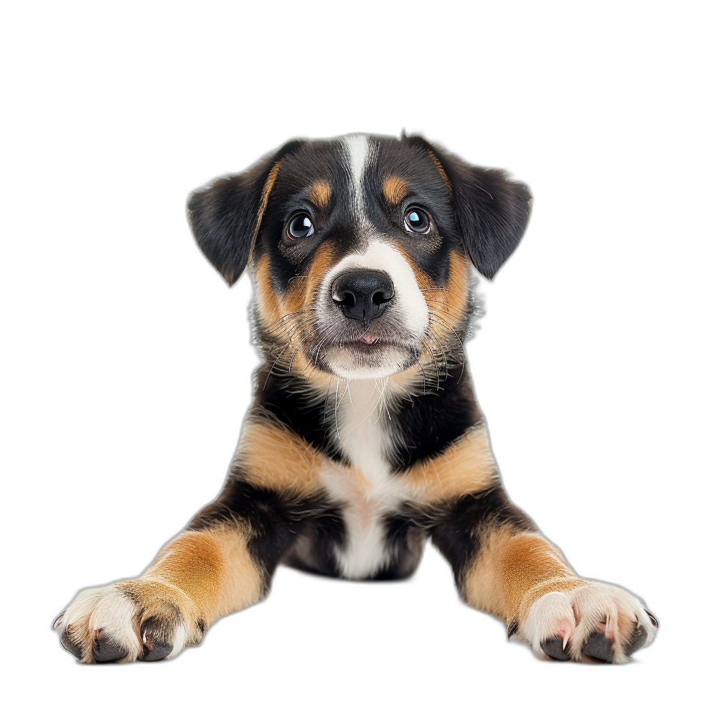 A cute mixed breed puppy peeking over the edge of an isolated black background, looking directly at the camera with large expressive eyes in a full body shot.